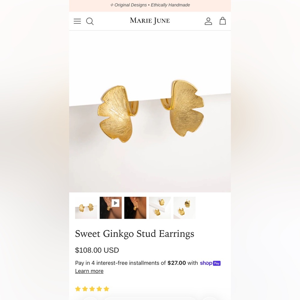 Marie June Gold Ginkgo Earrings NWOT - Picture 6 of 6